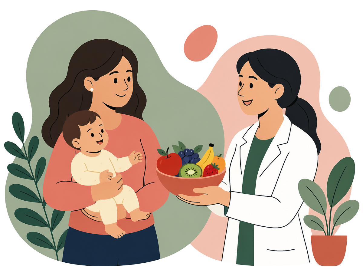 Illustration of a dietitian handing a bowl of fruit to a mother holding her baby