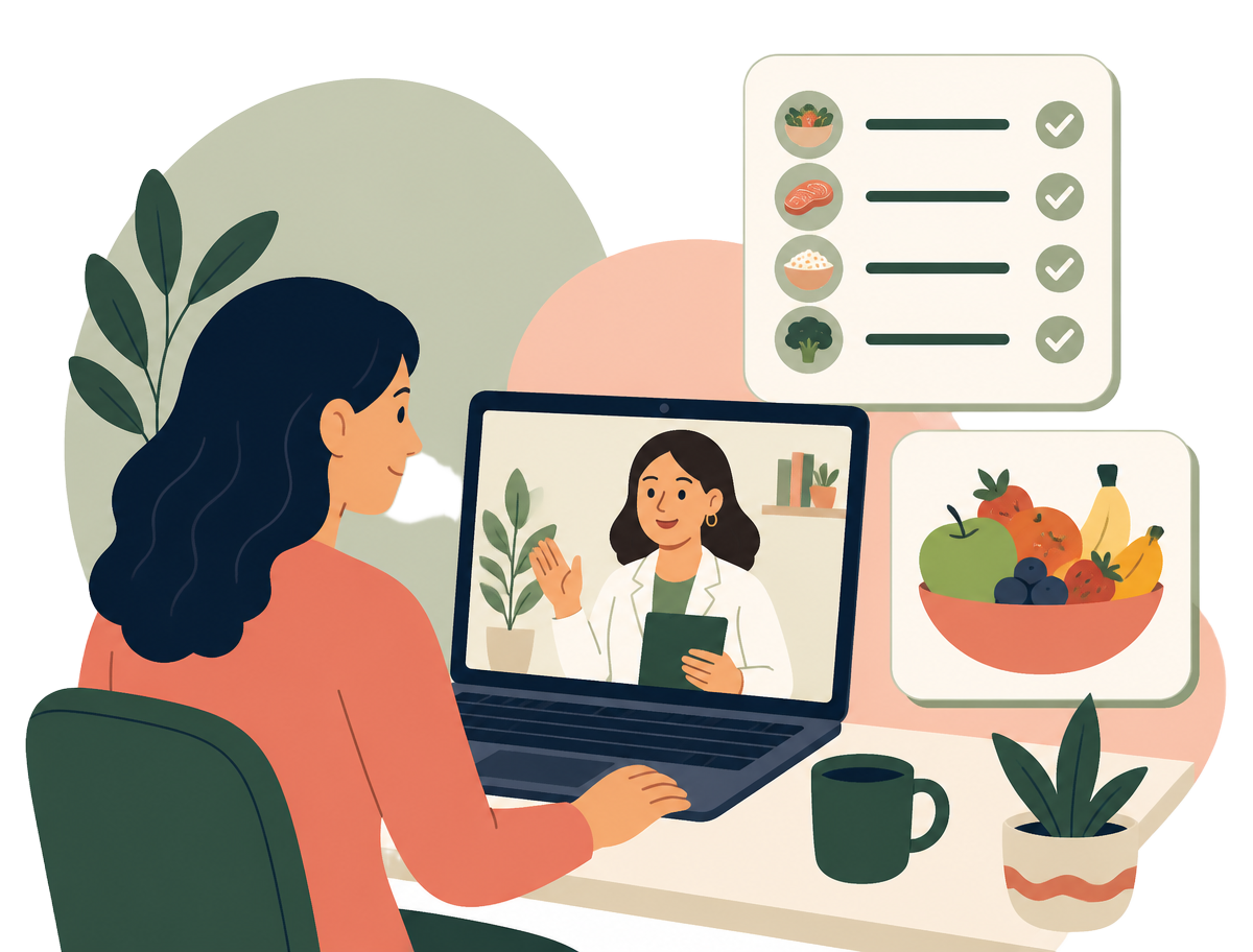 Illustration of a virtual nutrition visit with a meal plan checklist